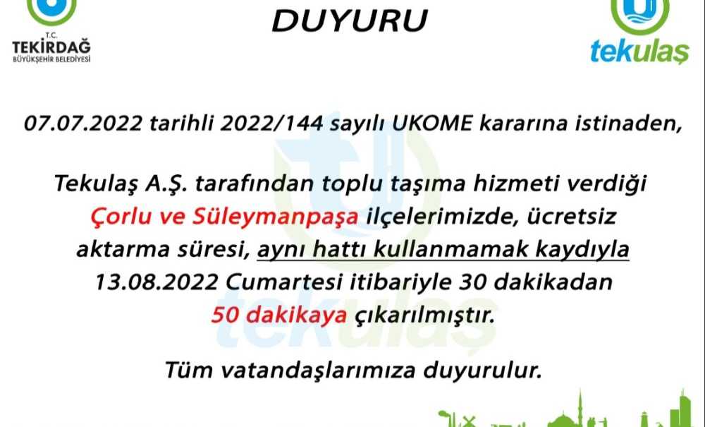 Ücretsiz Aktarma Süresi 50 Dakikaya Çıkarıldı